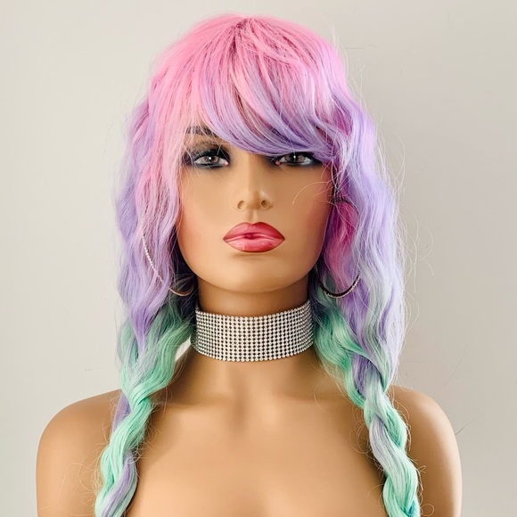 30” Unicorn Color Premium Fiber Wig with Bangs for Events or Daily Wear - Picture 6 of 13